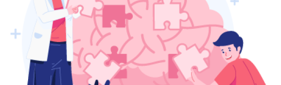 Illustration deux personnes adulte et un chat qui pose des pièces de puzzle sur un cerveau - Formation autisme chez l'enfant